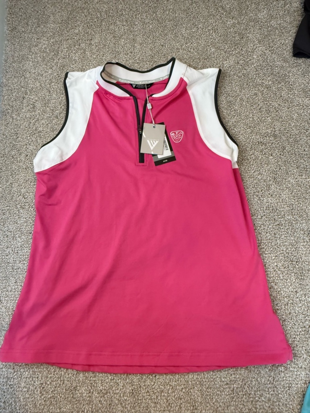 Women's Bright Pink & White Sleeveless Golf Tank with Zip V-Neck- Levelwear XL